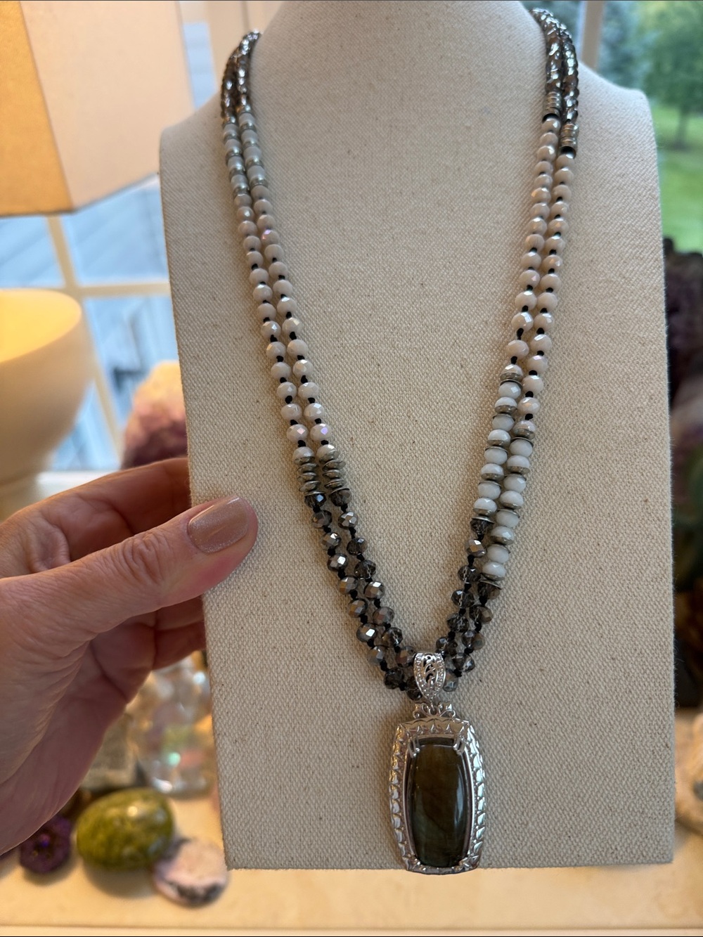 Labradorite Karis STS Pendant Necklace with White Pink Glass Beaded Strands